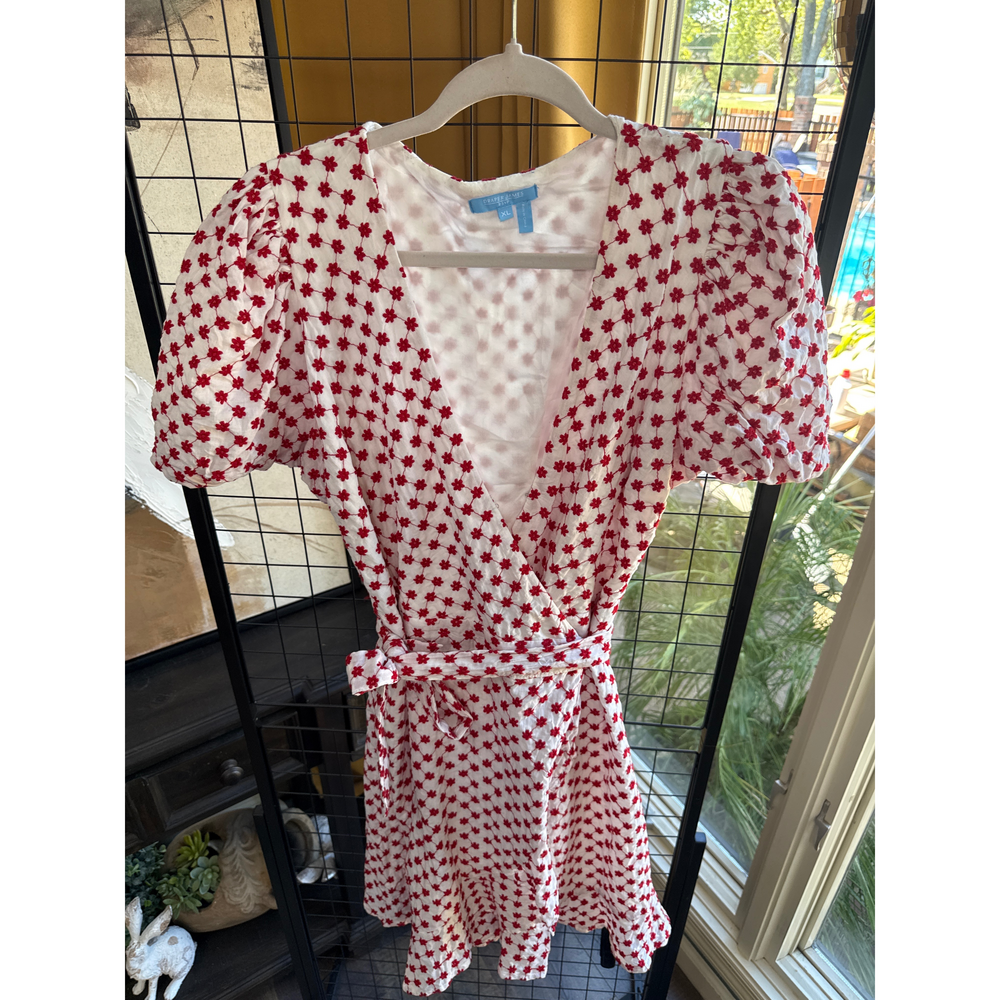 Draper James RSVP Red and White Floral Embroidered Wrap Dress